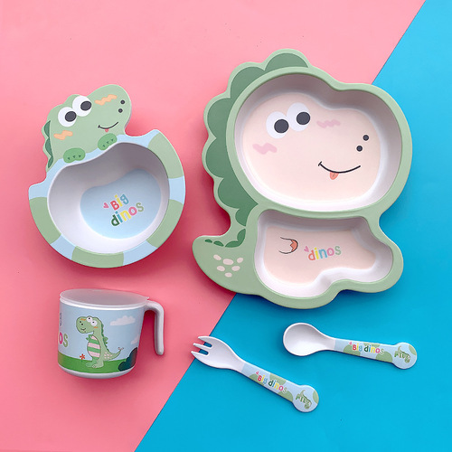 Cute Cartoon Bamboo Fiber Children's Tableware Home Kindergarten Kids Baby Division Dinner Plate Food Bowl Spoon Set
