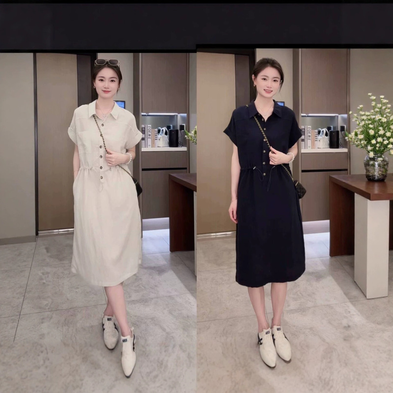 Short-Sleeved Linen Shirt Dress for Women 2026 Summer New Style Waist Slimming Fashionable Casual Mid-Length Skirt Short-Sleeved Linen Shirt Dress for Women 2026 Summer New Style Waist Slimming Fashionable Casual Mid-Length Skirt