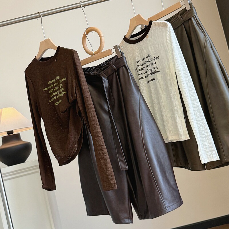 Melard Coffee PU Leather Wide-Leg Pants for Women, Autumn New Style, High-End, Loose Fit, Slimming, Straight-Leg, Versatile Cropped Pants