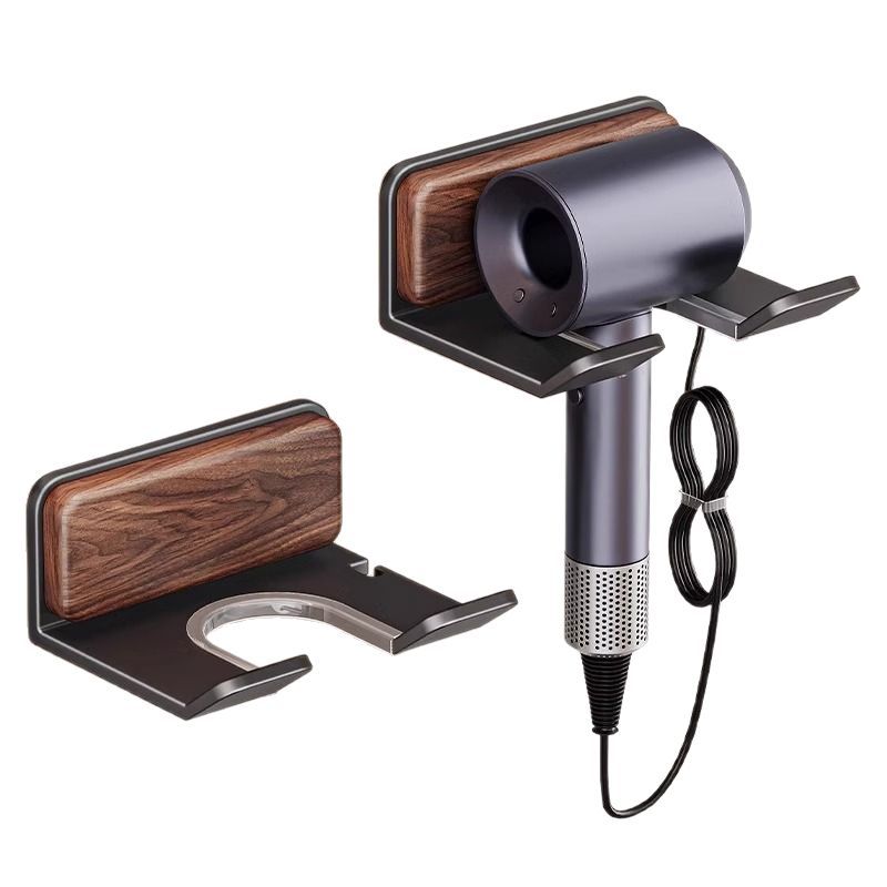 Estante de secador de pelo de nogal, sin perforación, soporte de secador de pelo de baño, soporte de secador de pelo de baño, soporte de pared de almacenamiento