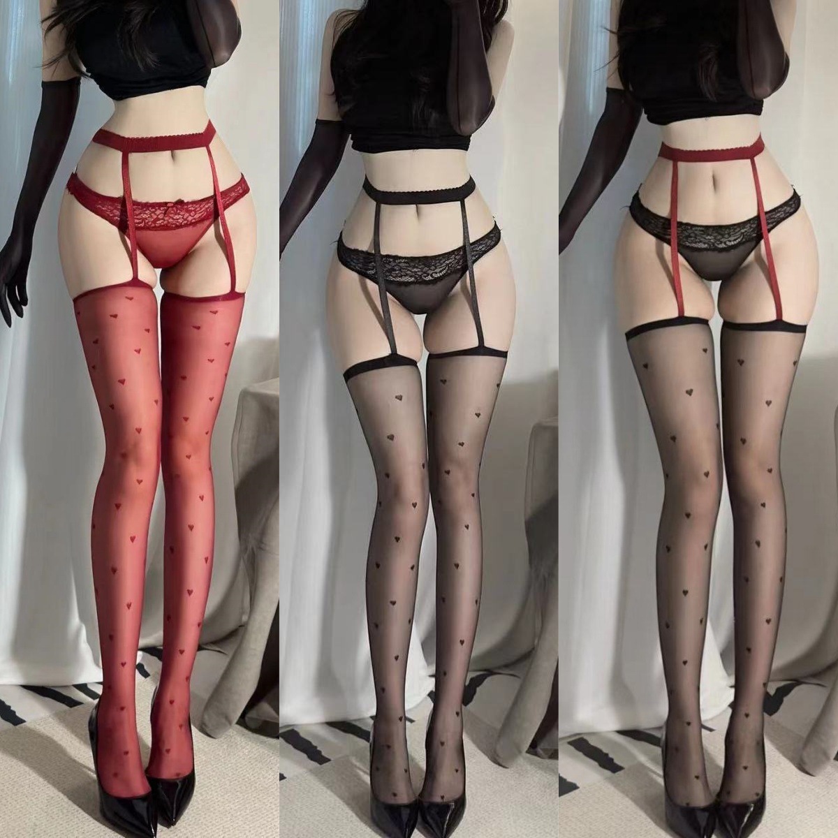 Sexy suspenders ultra-thin one-piece hot girls black love wave point stockings emotional black silk thin over-the-knee socks for women