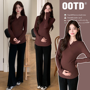 Pregnant Women's Bottoming Shirt V-Neck Long-Sleeved Knitted Sweater in Autumn and Winter All-Match Breastfeeding Clothes Slim-Fit Top