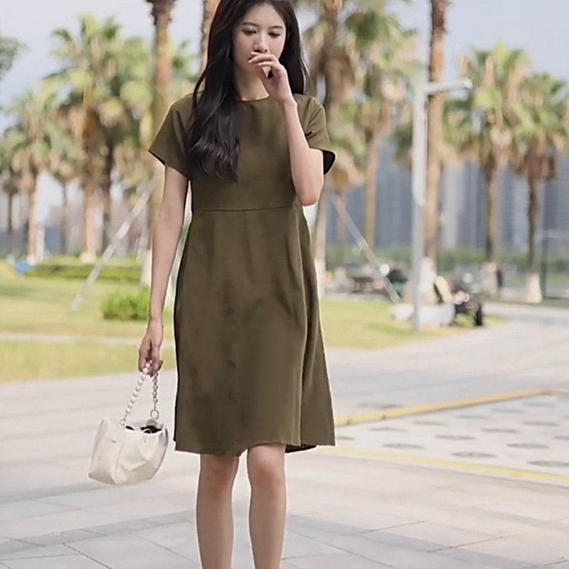 重磅真丝桑蚕丝连衣裙女夏季淑女时尚气质纯色圆领女装设计感裙子