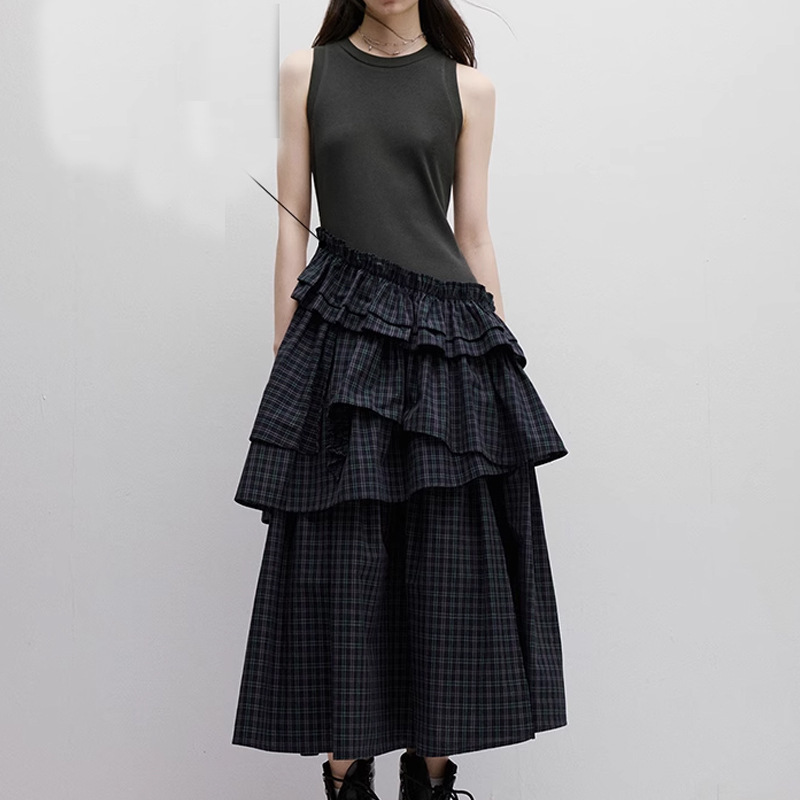 In-Stock Fuss Break the Rules_Multi-Layered Skirt_British Blue-Green Patchwork Dress 2026 New High-Waisted A-Line