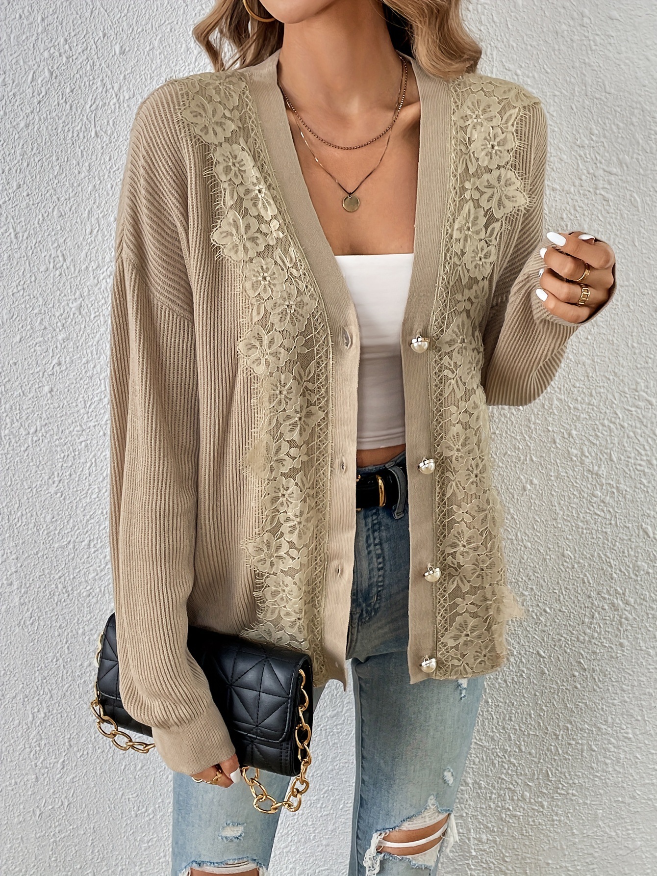 ​​Sexy Knit Cardigan Set – Chic Open-Front Acrylic Sweater With Lace Trim (Khaki, S/M/L)​​_voghion.com