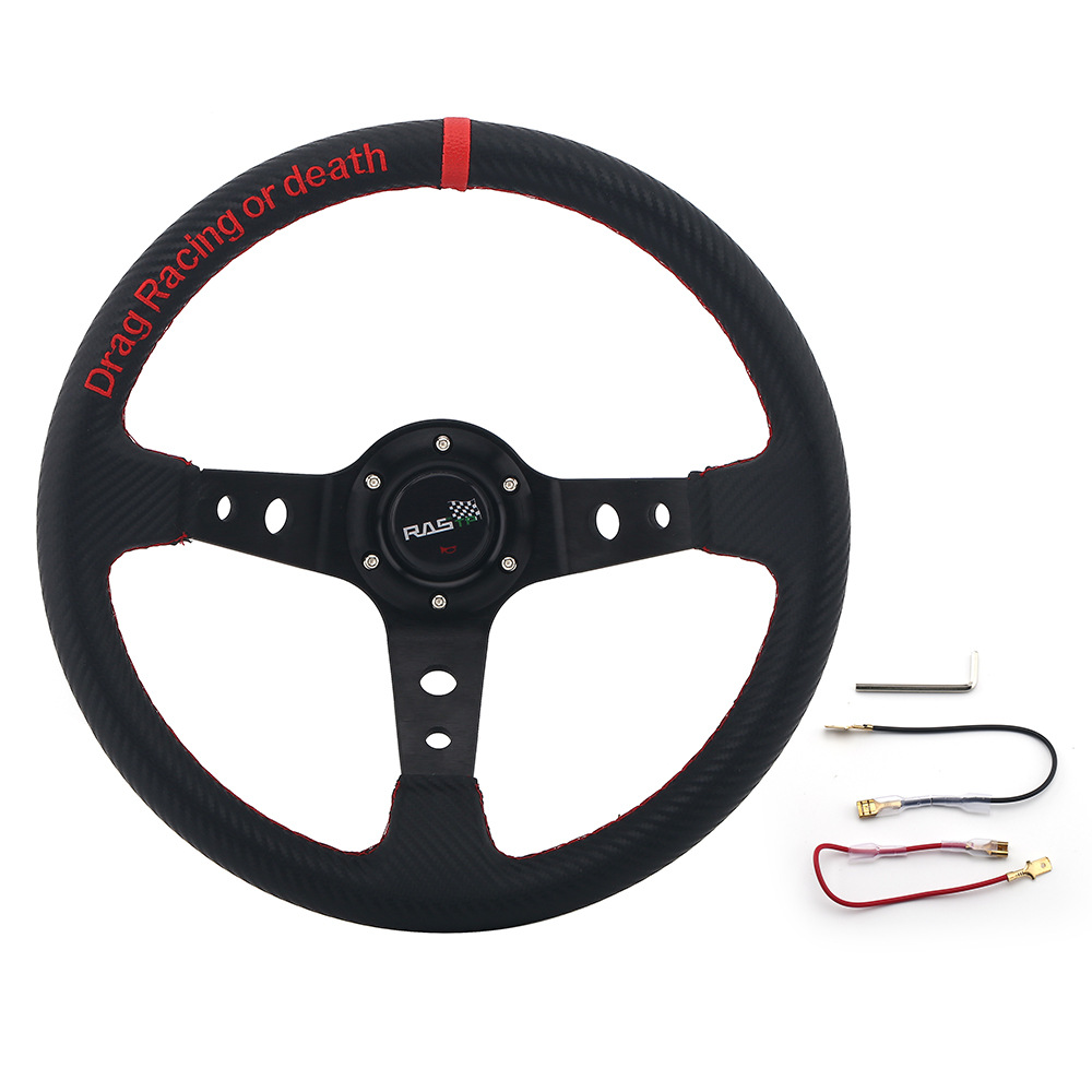 Car Modified Hand-stitched Racing Steering Wheel345mm Large Concave Deep Plate PUCarbon Pattern Competitive Game Steering Wheel