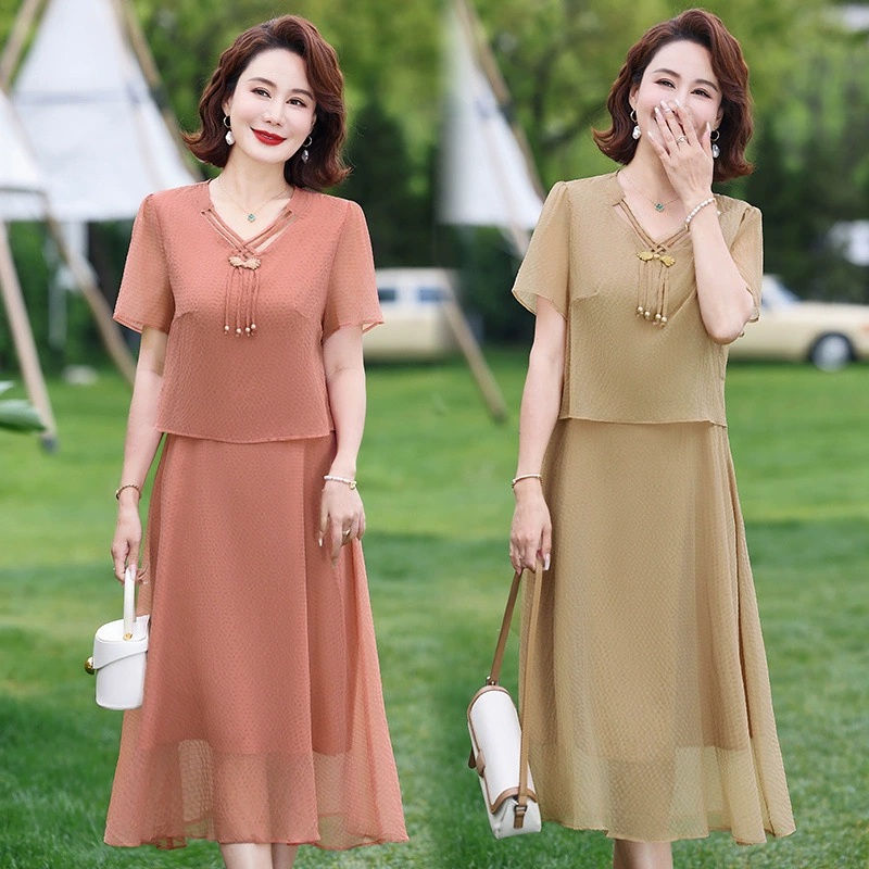 Новое платье для матери в китайском стиле, платье из двух частей, однотонное однотонное летнее платье для женщин среднего и пожилого возраста с короткими рукавами, новая модная юбка средней длины