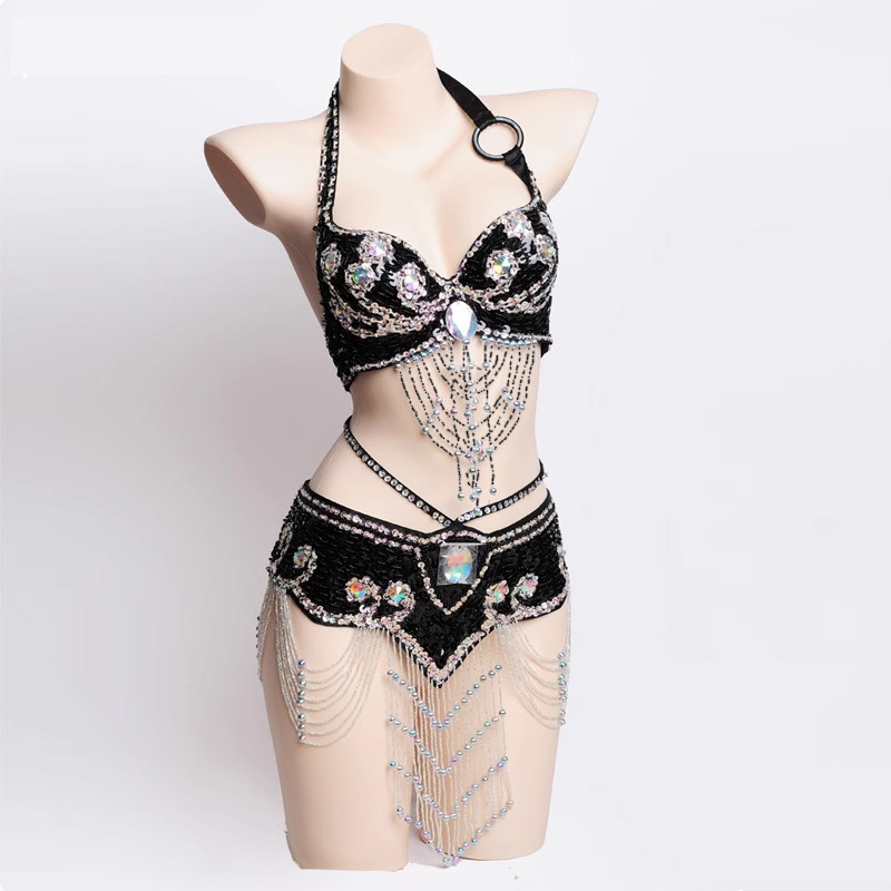 Danza del vientre ropa de espectáculo de mano perla bordada bra cintura paquete de baile indio vestido de escenario sexy discoteca BRA