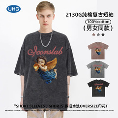 UHG Summer New Pure Cotton Fried Snowflake Distressed Short Sleeve Men's and Women's Top Loose Retro Versatile Angel Print T-shirt