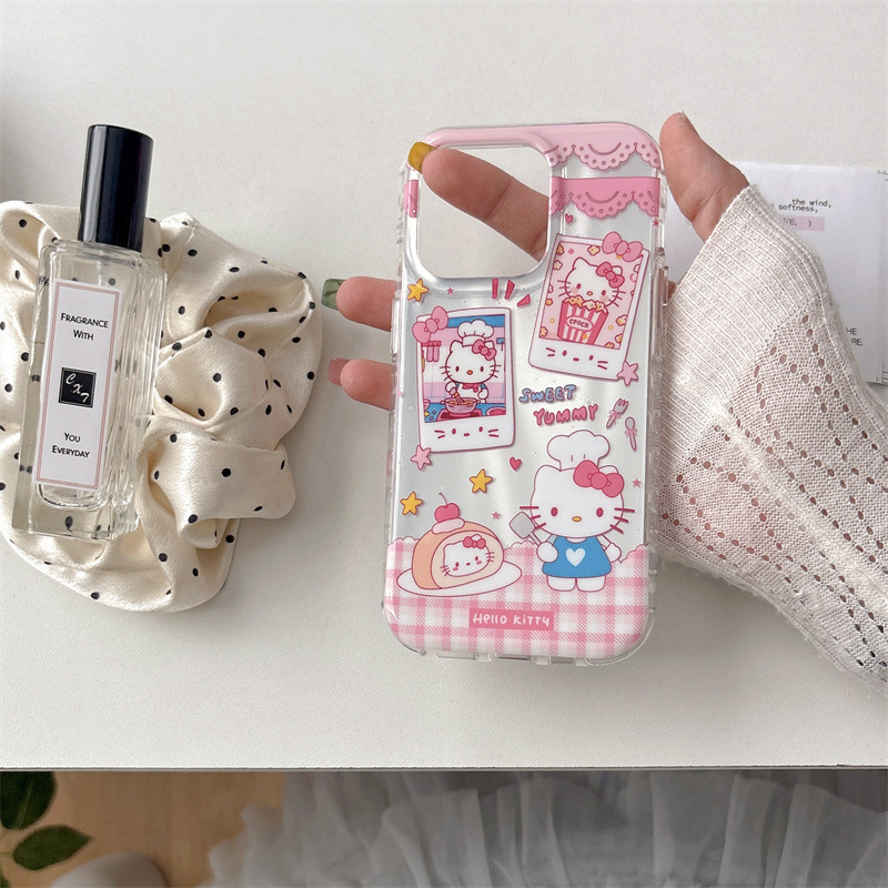 少女粉格纹厨师Kitty适用iPhone16苹果15ProMax/14手机壳13手提绳|undefined