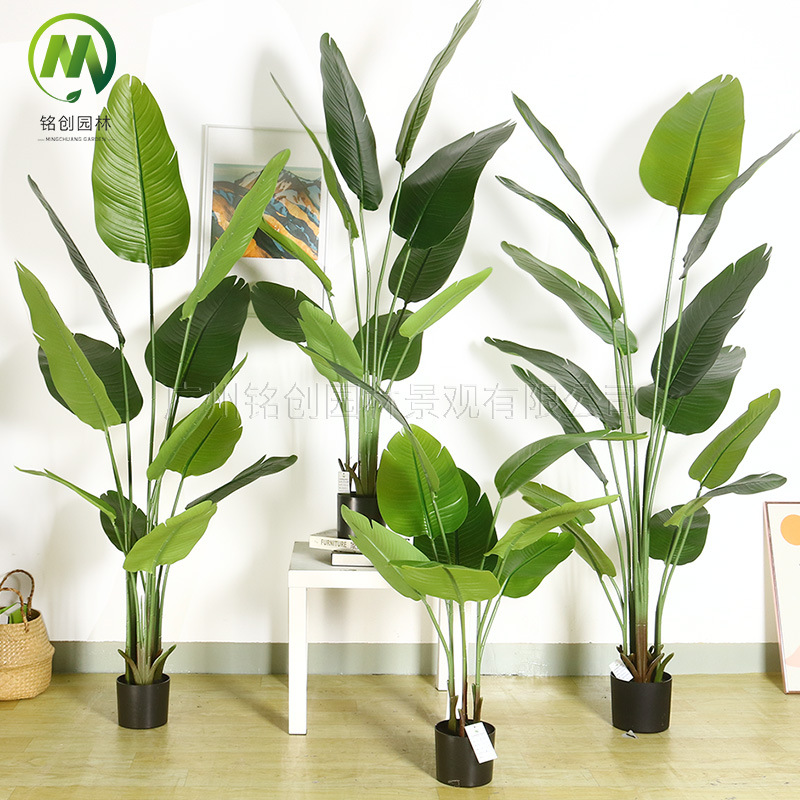 Simulación transfronteriza de hojas grandes, plantas verdes, plantas en macetas, bonsái de plátano para viajeros, sala de estar de alta gama, gran simulación, bonsái de pájaro del paraíso