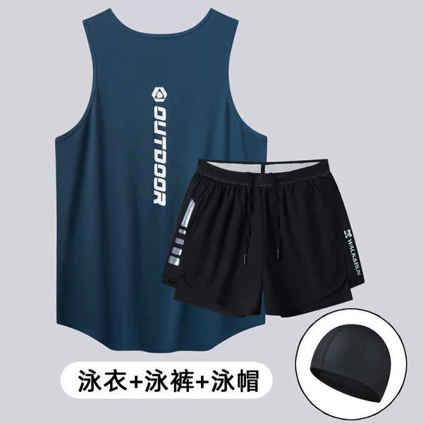 229 navy vest + black swimming trunks + swimming cap