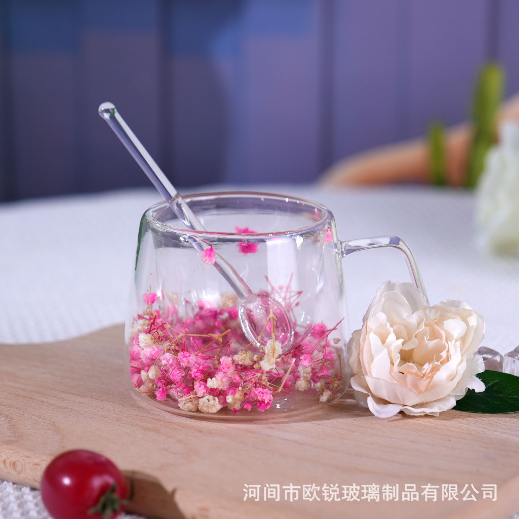 Flores verdaderas tazas de vidrio de doble capa, tazas de té de leche de doble capa de vidrio resistente al calor creativo, tazas de té de doble capa de flores incrustadas