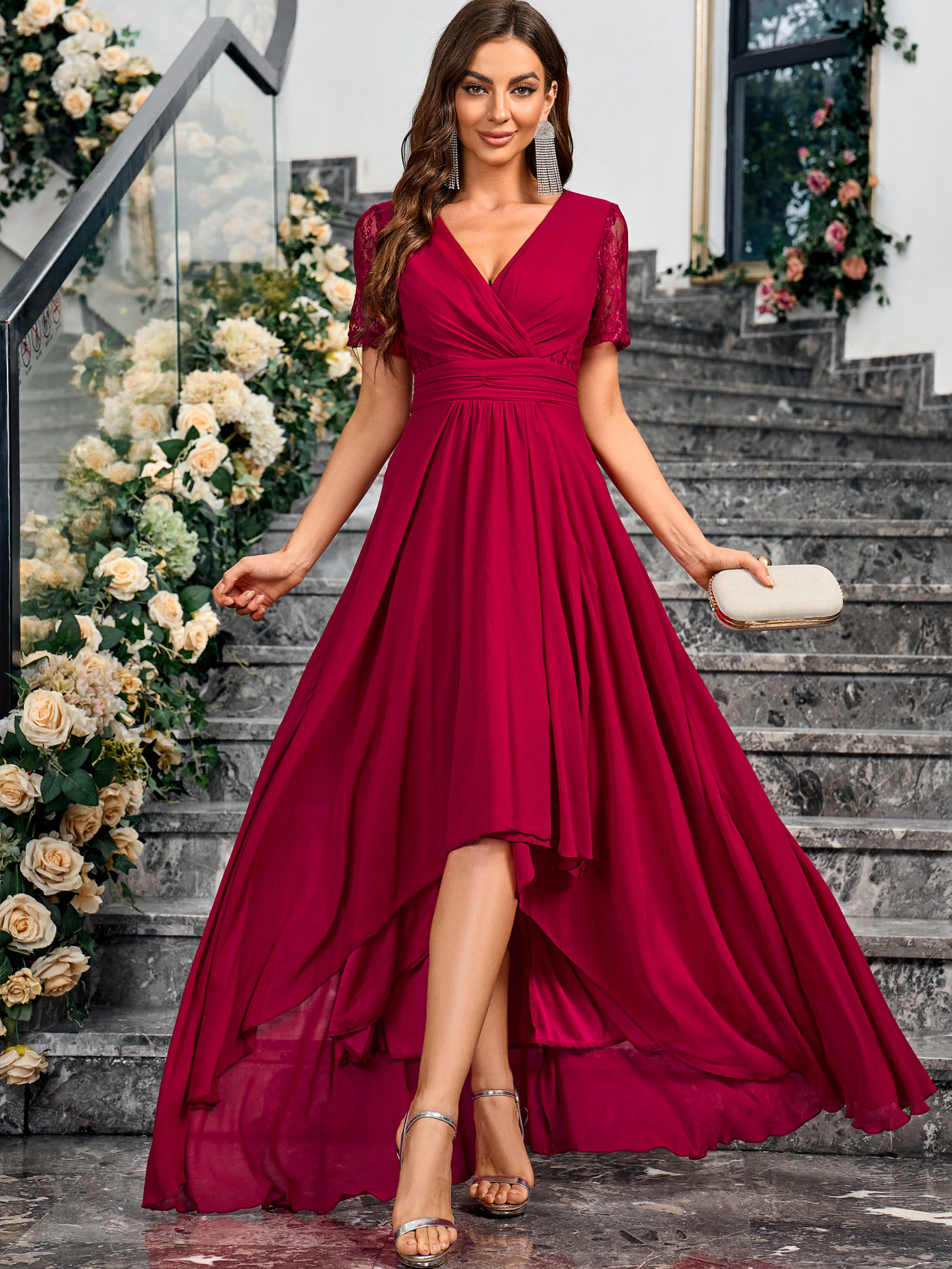Nuevo estilo de comercio exterior europeo y americano burdeos vestido de novia temperamento elegante vestido de mujer vestido de noche transfronterizo