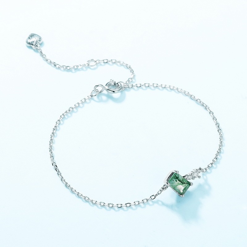 Cross-Border European and American New Geometric Natural Water Grass Agate Bracelet for Women Green Moss Stone Unique White Copper Hand Jewelry