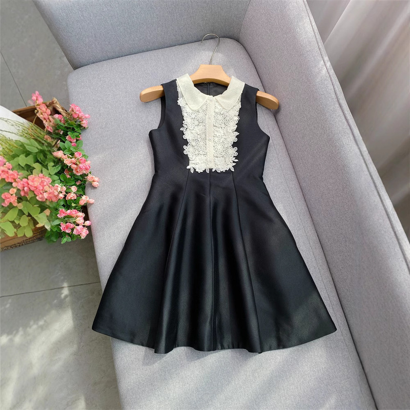French Style Daughter Lace Doll Collar Elegant Slimming dress Women's Black Sleeveless Waist Retro Vests Dress for Women