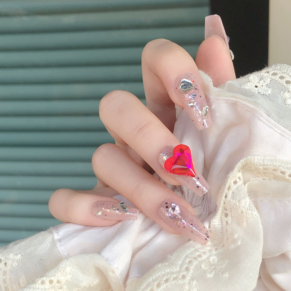 Amor francés desgaste pieza de uñas hecho a mano Día de San Valentín desgaste uñas pieza al por mayor jalea pegamento falso parche de uñas