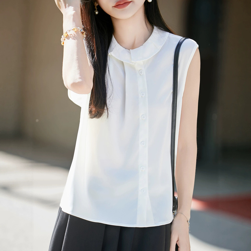 Sleeveless Ruffled Collar Chiffon Imitation Silk Satin Shirt for Women, Summer Style, Elegant Commuter Style, Doll Collar Side-Slit Top