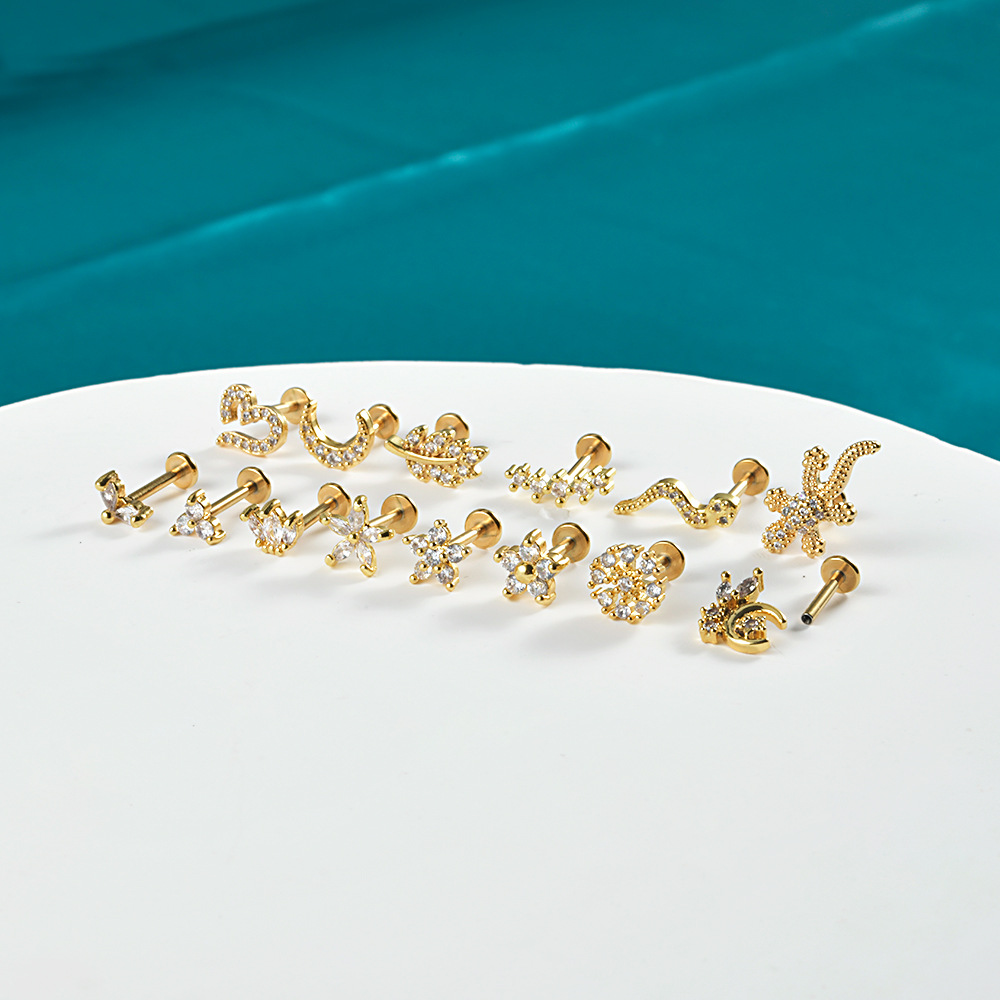 Vacuum Plating Gold Plating Process 1 Piece Lip Rings Novelty Heart Shape 304 Stainless Steel Zircon Plating Inlay Zircon 18K Gold Plated