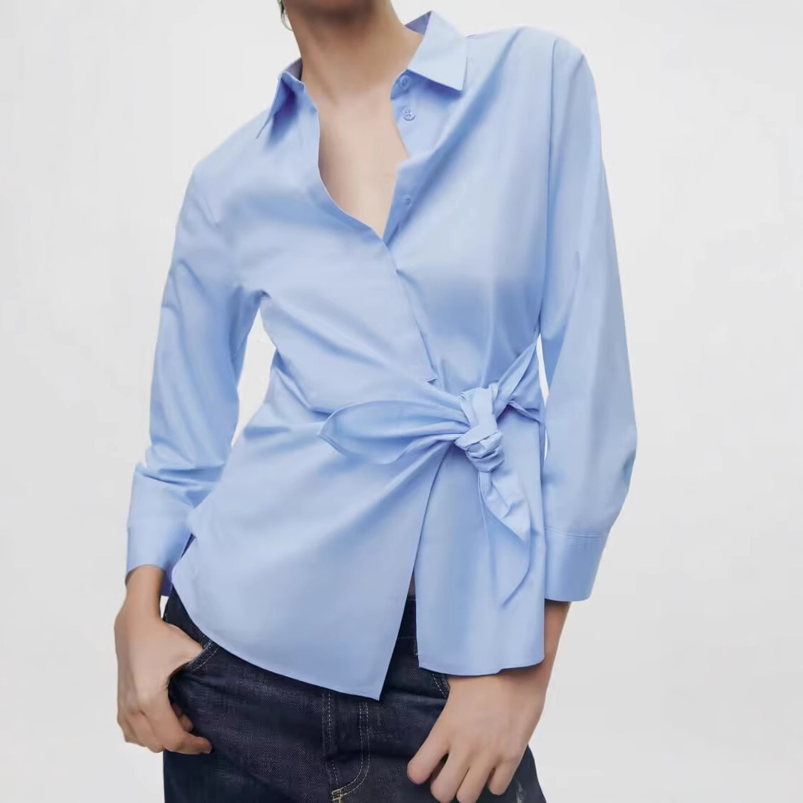 ZR女装 欧美风2025春季新品翻领下摆开叉设计蝴蝶结双襟府绸衬衫