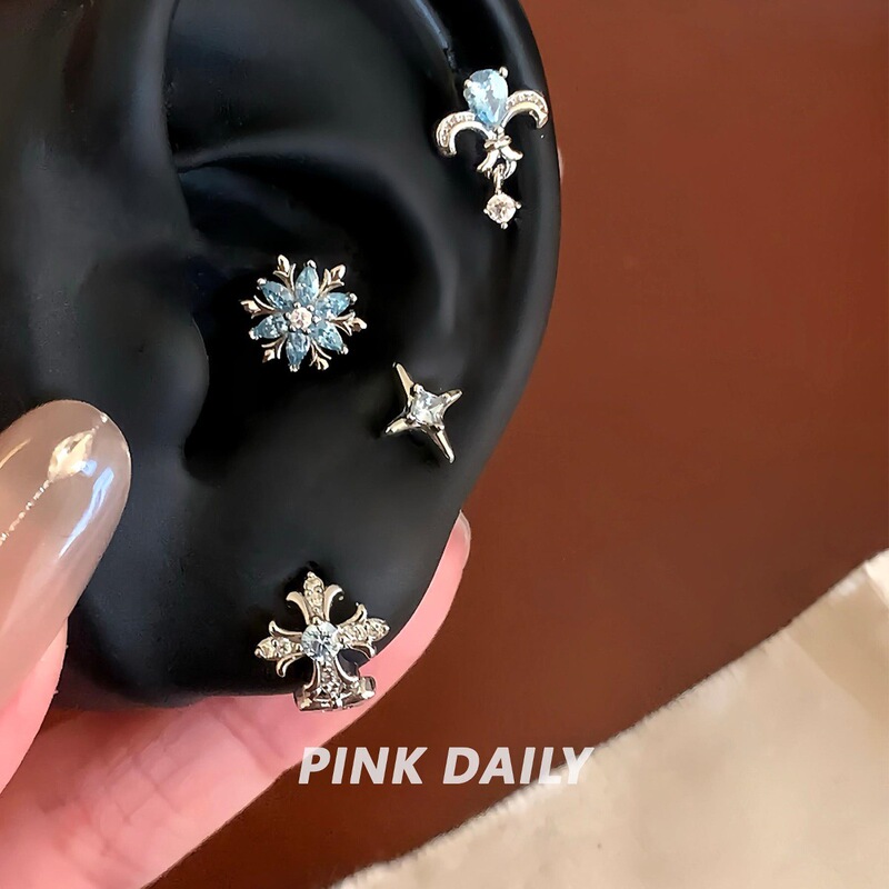 Super Shiny Blue Zircon Star Snowflake Cross Medical Titanium Steel Earrings for Women with Double Ear Piercings and Ear Bone Studs