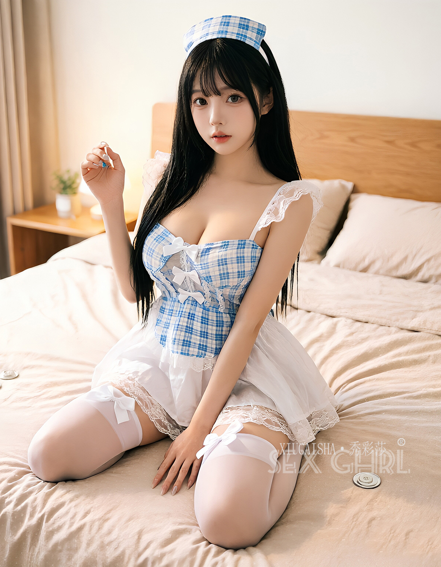 Blue Plaid Lace Maid Outfit Set with White Bow Stockings, One Size — detail image 10