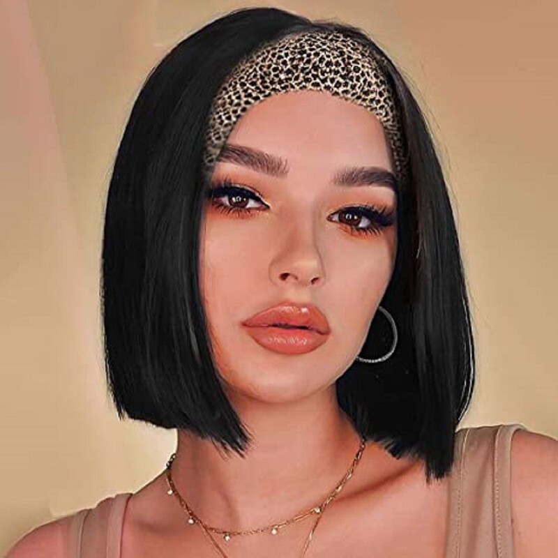 European and American Style Short Straight Wig for Women, Trendy Cross-Border Ice Silk Headband Short Bob Synthetic Fiber Wig, Black Short Straight
