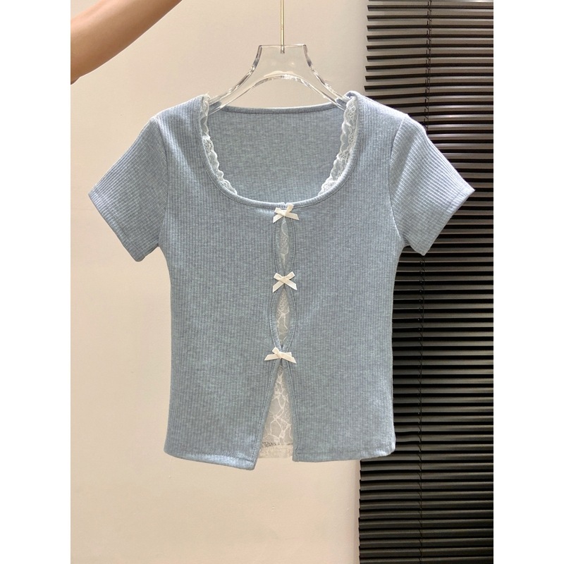 2025 夏韓国スタイルスクエアカラーコントラストレースリボンデザイン甘い偽ツーピース半袖 Tシャツショートトップ|undefined