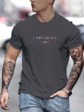 Men's Summer Loose Fit  100 Polyester cest La Vie PrintT-shi