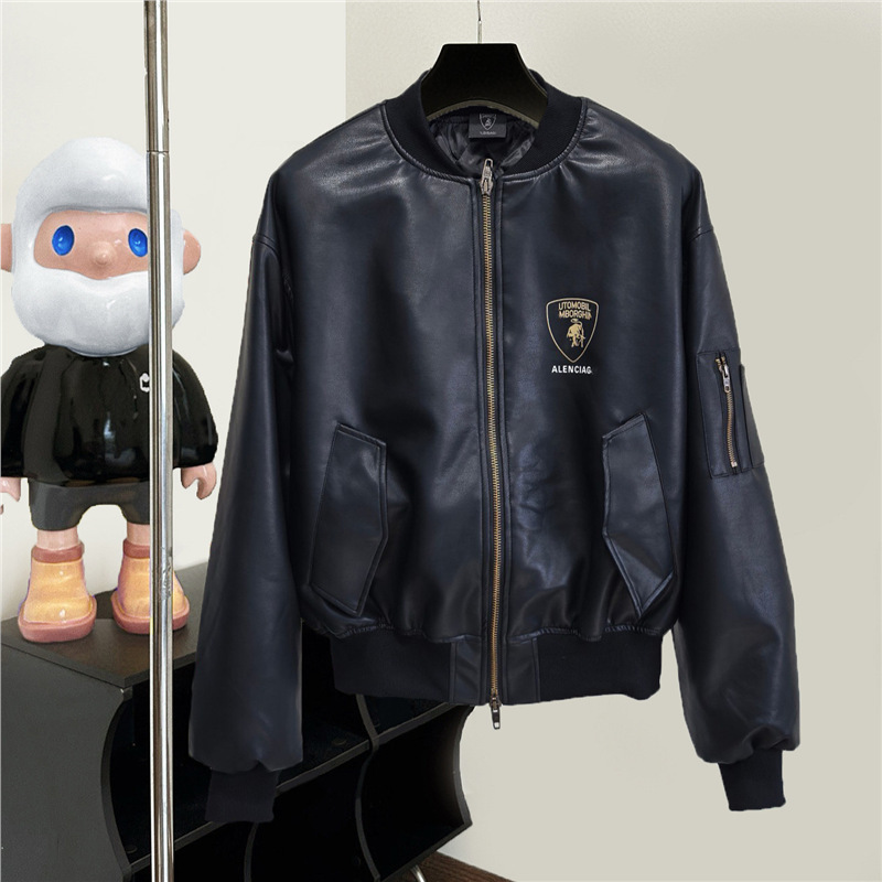 Paris Correct Version B Family Lamborghini Gold-Stamped Zipper Pu Leather Baseball Jacket for Men and Women B Trendy Brand Stand Collar Coat