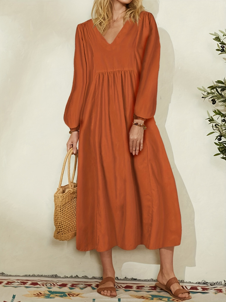 2025 Autumn New Clothing Fashion Women's Cotton Linen Loose Lantern Sleeve European And American Dress_ecoleips.com