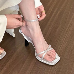 Strap Sandals for Women 2024 New Summer Stiletto Silver with Skirt That Will Not Tire Your Feet, Popular and Beautiful High Heels