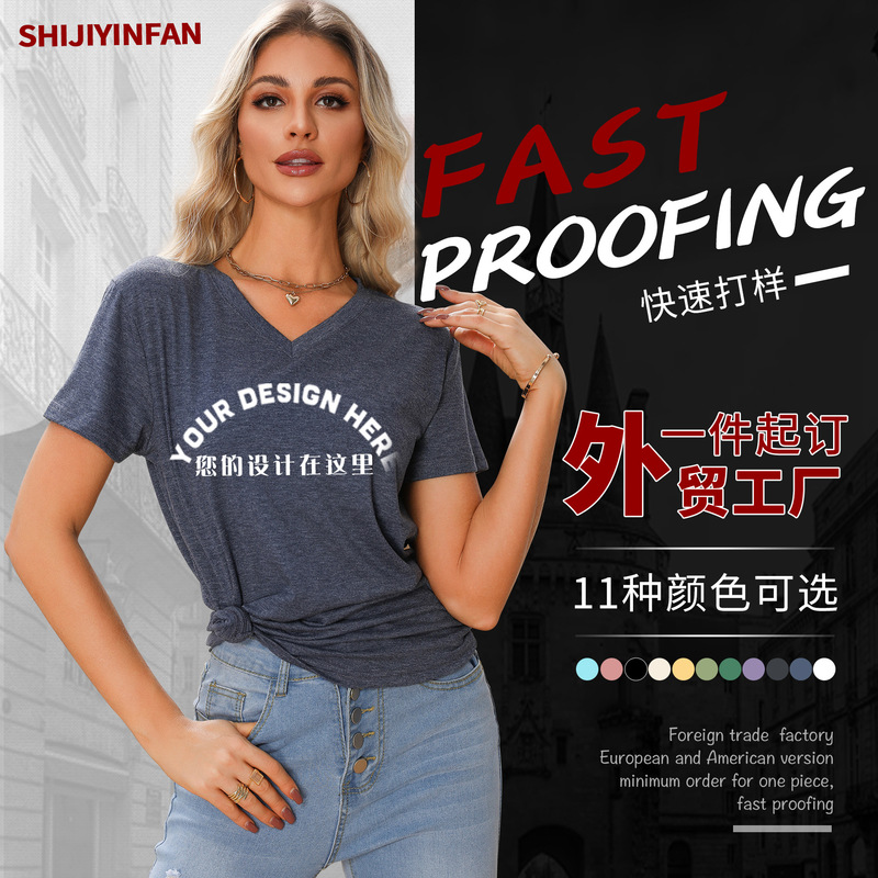 Foreign trade a DIY pattern printing foreign trade European and American in stock fashion bulk wholesale ladies V collar short sleeve shirt