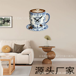 厂家批发跨境欧美PVC复古咖啡杯咖啡拉花与咖啡豆钟表墙壁挂钟