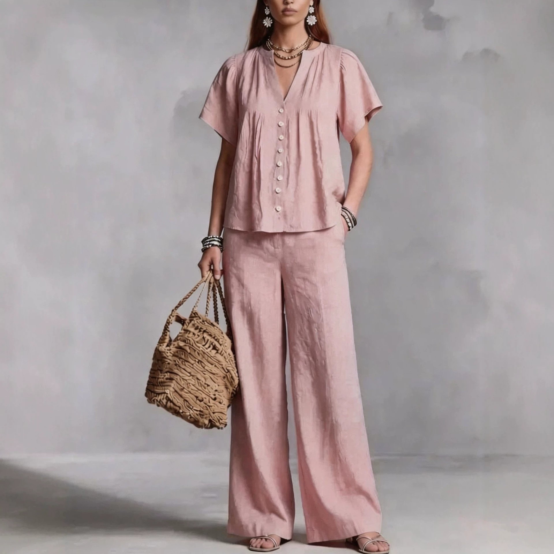 Women's Clothing Women's Imitation Cotton Linen V Neck Casual Suit Beach Vacation Style For Formal & Casual For Women_ecoleips.com