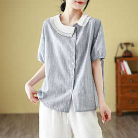 2024文艺亚麻雨露麻细支色织条纹布夏季新款褶皱娃娃领衬衫