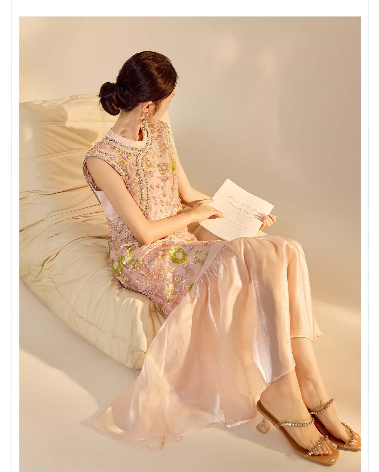 Váy sườn xám maxi thêu sequin phong cách Trung Quốc mới mùa hè N5042 — hồng, Xanh lam sông băng chi tiết 21