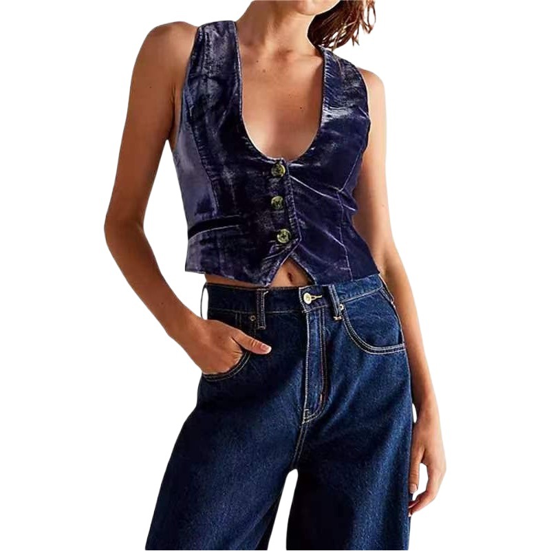 Terciopelo de seda costura desgaste exterior Chaleco de las mujeres de verano Delgado elegante retro todo partido ropa exterior suelta