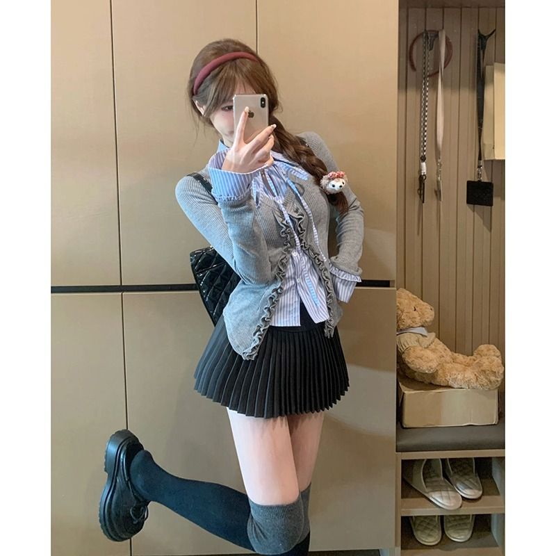 2025 New Fashion Suit Women's Design Short Fake Two-Piece Cardigan Spring College Style Pleated Skirt for Women