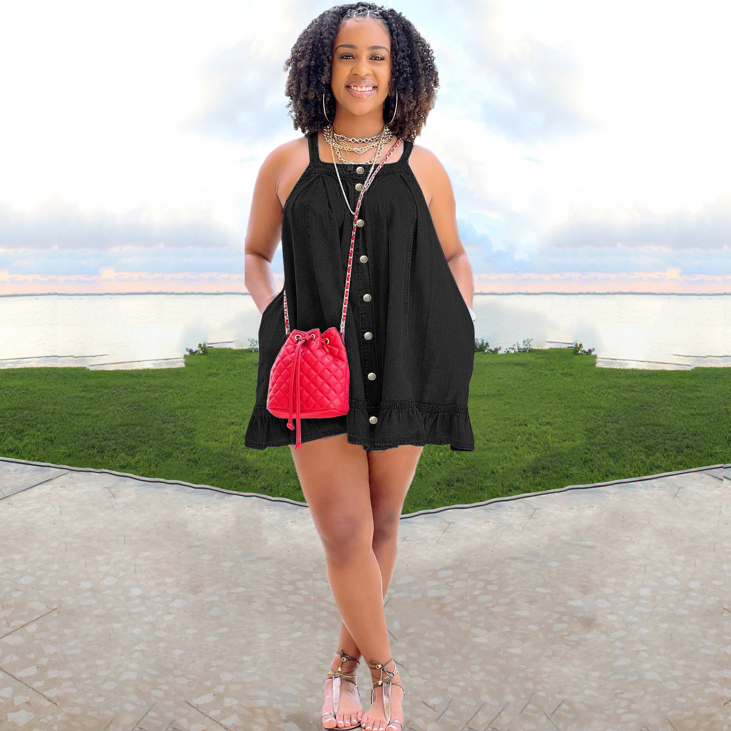 women's clothing Solid color suspenders button pocket loose washed denim dress_mkmklike.com