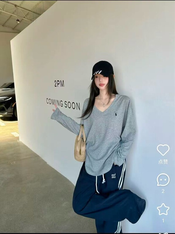 现货RL拉夫小马标刺绣V领长袖T恤女士简约时尚百搭宽松打底衫显瘦|undefined