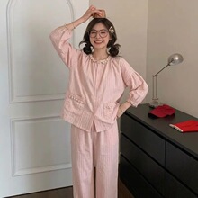 少女甜美花边长袖睡衣女春秋款新年礼新款舒适棉纱家居服大码套装