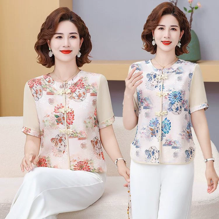 Летние топы 2025 года для мам, новые блузки с лацканами, цветочные шифоновые рубашки, короткие рукава для женщин среднего и пожилого возраста, топы в западном стиле