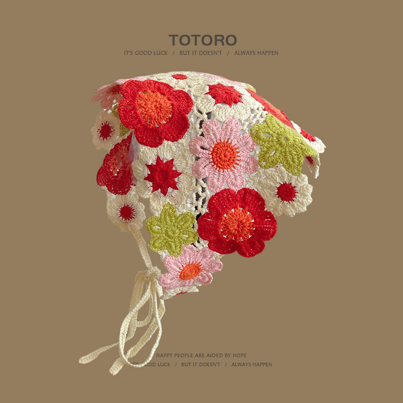 Francia cereza toallas triangulares mujeres primavera y otoño viajes padres-hijos gancho de punto flores hueco pañuelo de arte correa de pelo gorro