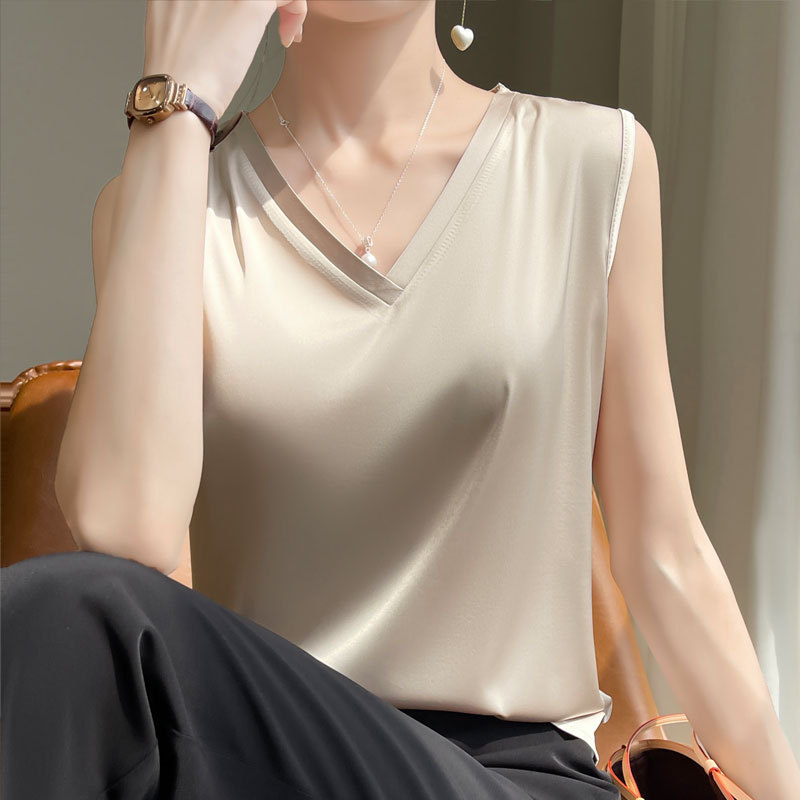 White Silk Camisole Women's Mulberry Silk Acetate Satin V Neck Sleeveless Bottoming Shirt Suit Inner Top T-Shirt