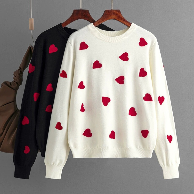 2023 Autumn/Winter European and American New Valentine's Day Heart Pattern Pullover Women's Knit Sweater, Plus Size Loose Fit Cross-Border Women's Sweater