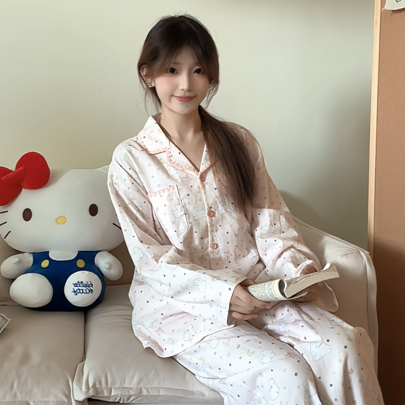 2025 Autumn/Winter New Pink Moon White Rabbit Pure Cotton Gauze Homewear Long-Sleeve Pajamas Suitable for Wearing Outside