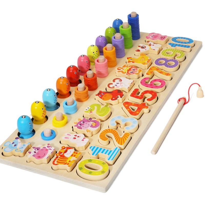 Juguetes de pesca magnéticos para niños ensamblados digitales de madera multifuncional seis en uno rompecabezas a juego de tablero logarítmico de frutas