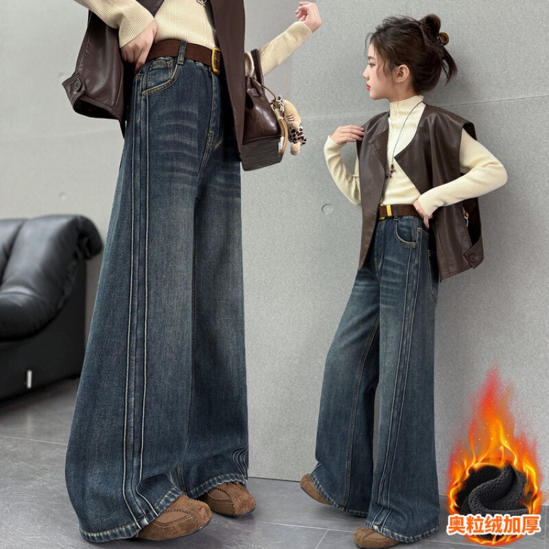 Girls' Fleece-Lined Jeans 2025 Winter New Stylish Big Girl Fleece Pants Children's Straight Pants Children's Pants Girls' Fleece-Lined Jeans 2025 Winter New Stylish Big Girl Fleece Pants Children's Straight Pants Children's Pants
