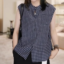 单排扣休闲格子衬衫别致设计感上衣2025夏季流行叠穿无袖背心小衫